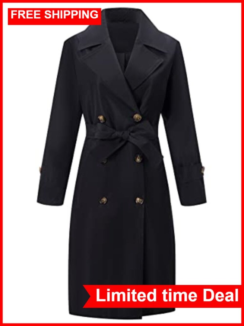 Double-Breasted Trench Coat Water Resistant Long Sleeve